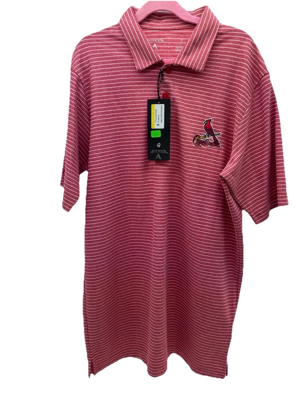 Antigua Pink and White Striped Polo with Embroidered Cardinal Logo